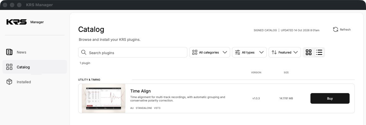 KRS Plugin Manager showing the plugin catalog with install and trial buttons